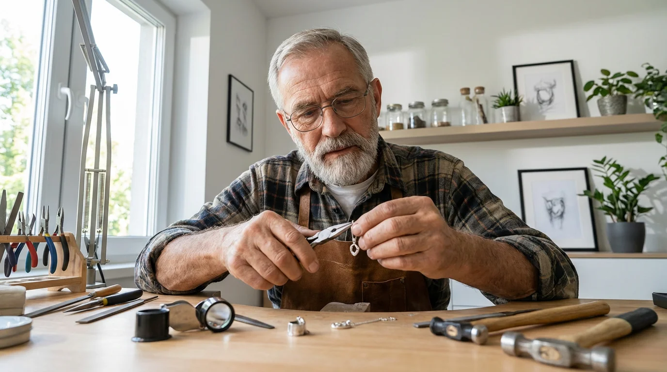 Senior man making intricate silver jewelry at a sunlit professional workbench in his studio.