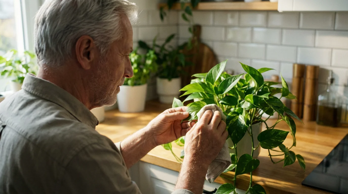 Senior man mindfully tending to a green houseplant in a sunlit modern kitchen.