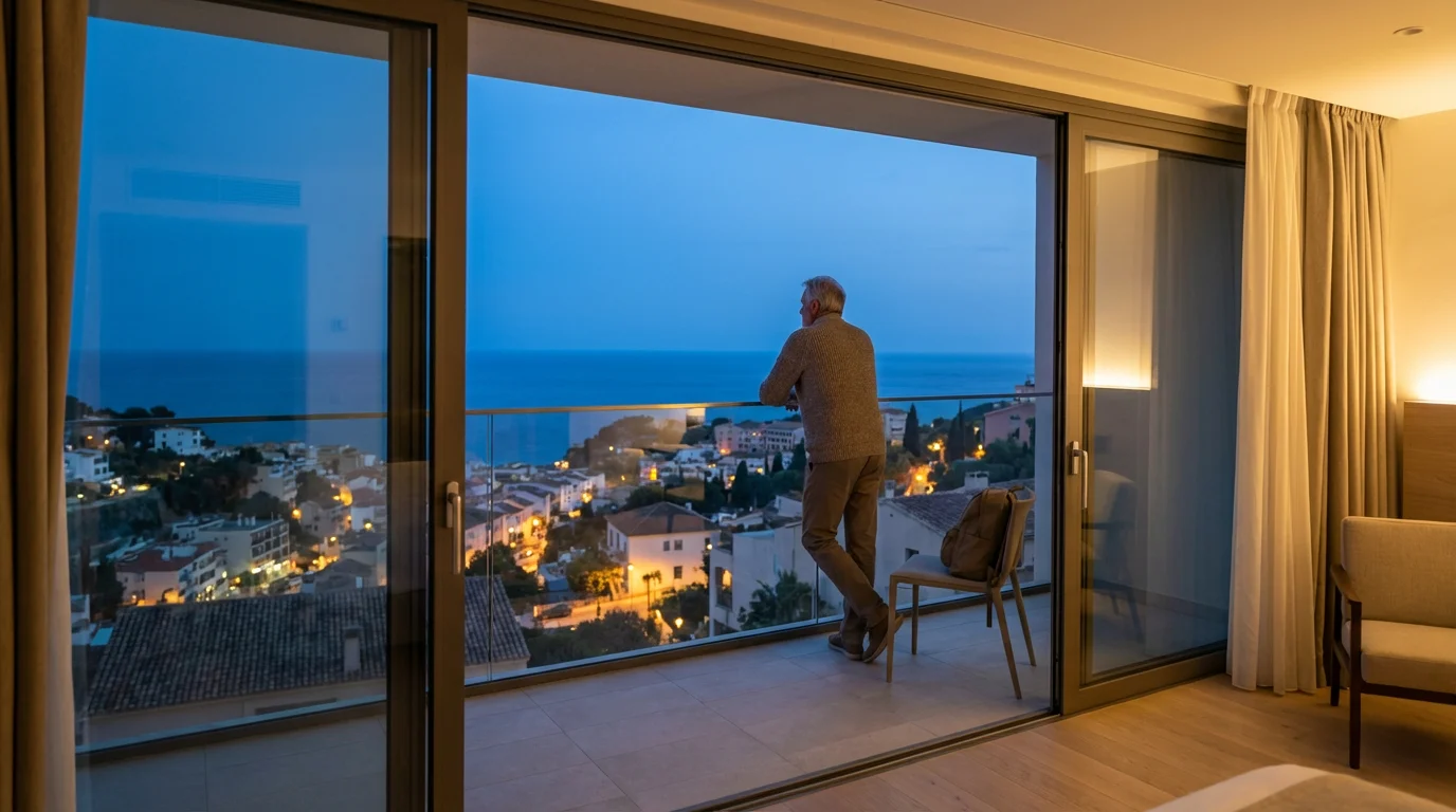 Senior man on a hotel balcony overlooking a tranquil coastal town at dusk.