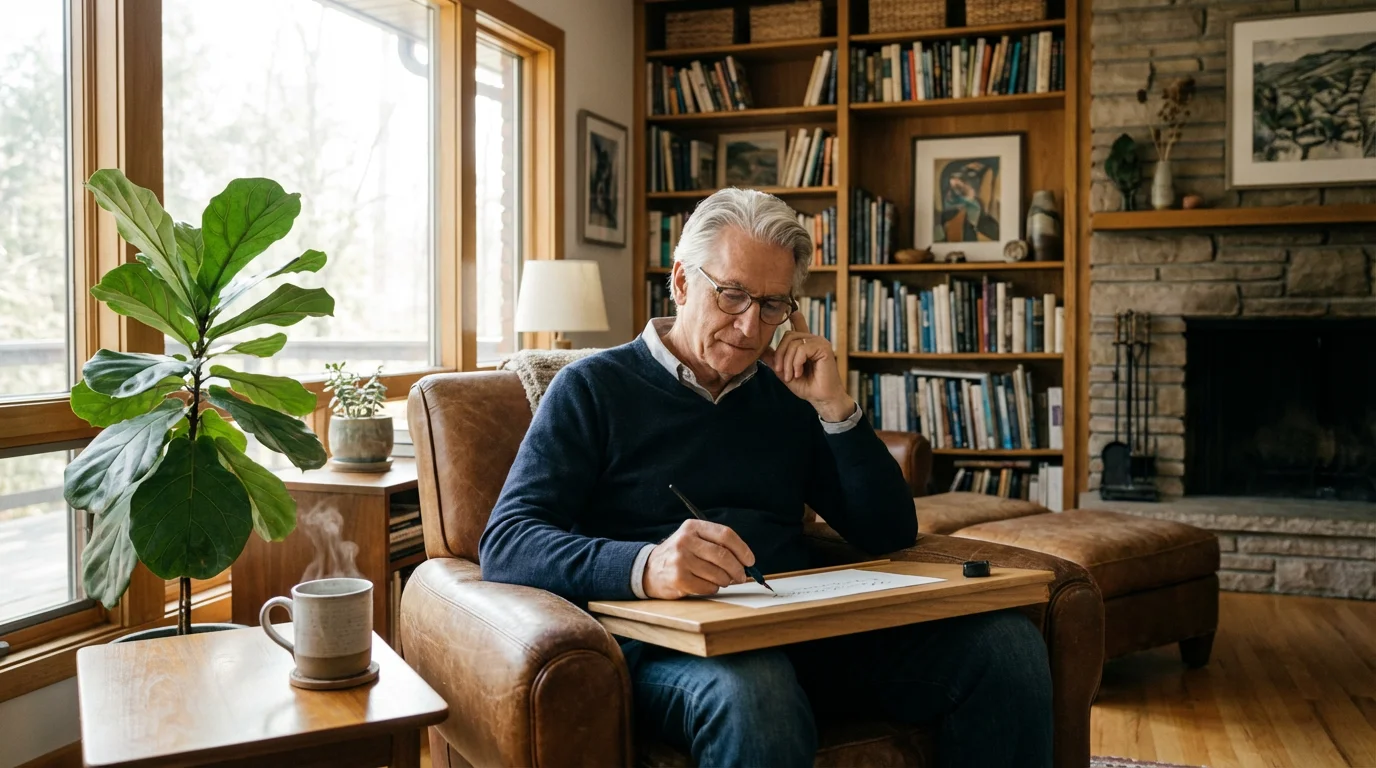 Senior man practicing calligraphy on a lap desk in a sunlit living room.