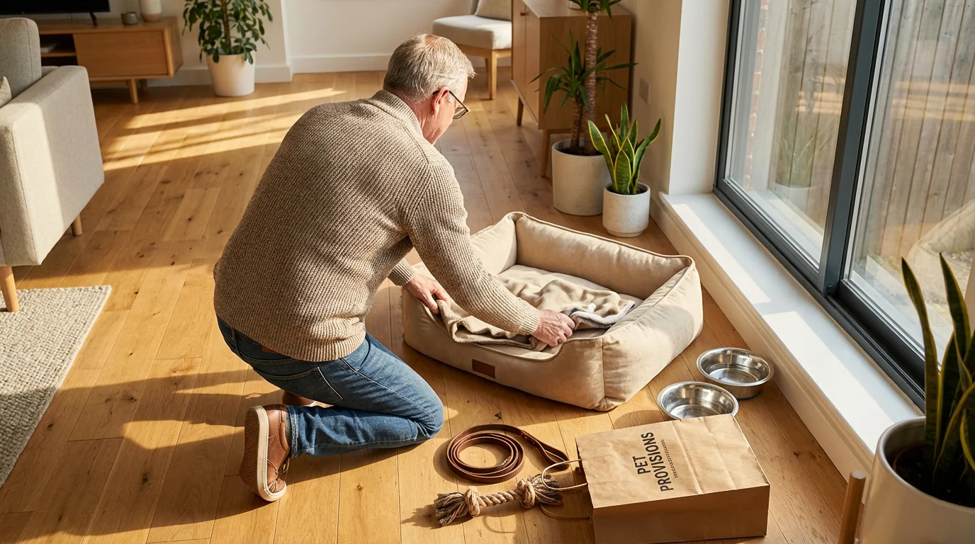 Senior man preparing a new dog bed and bowls in a sunlit living room.