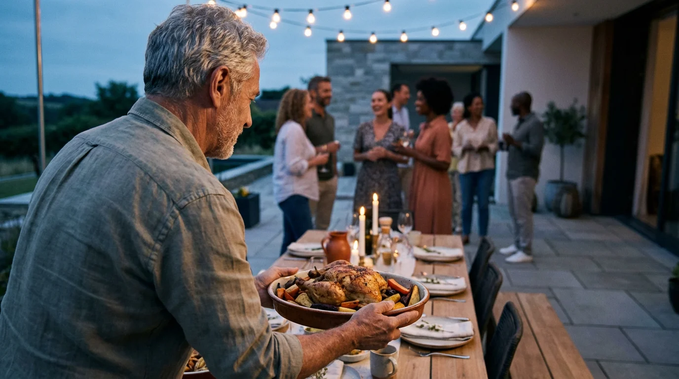 Senior man serving a platter of roasted chicken at an outdoor dinner party.