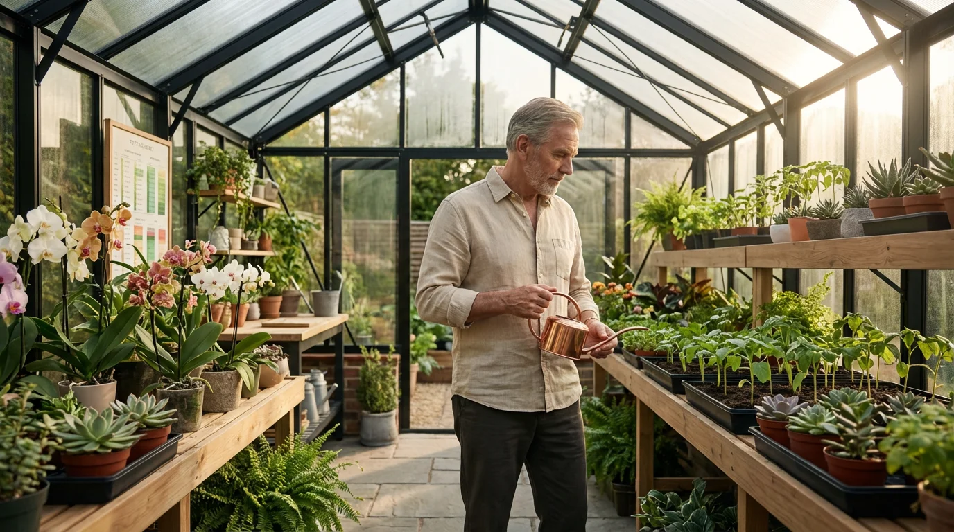 Senior man tending to a diverse collection of plants in a modern, sunlit greenhouse.