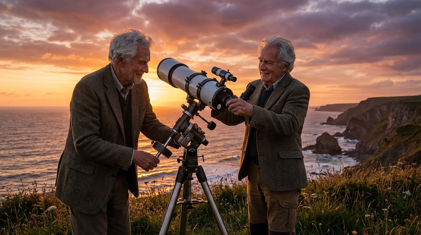 Senior man with a telescope on a bluff overlooking the ocean at golden hour.