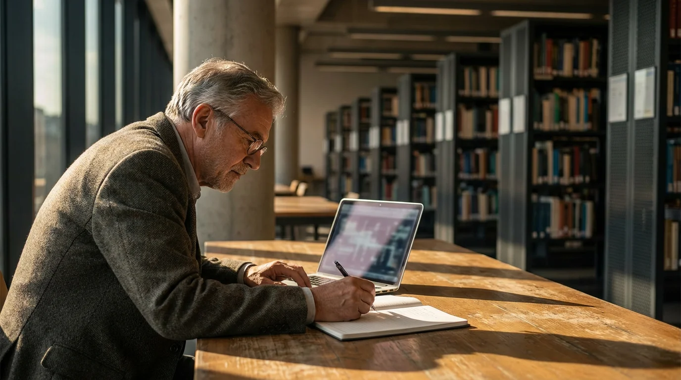 Senior man working on a laptop and taking notes in a modern library.