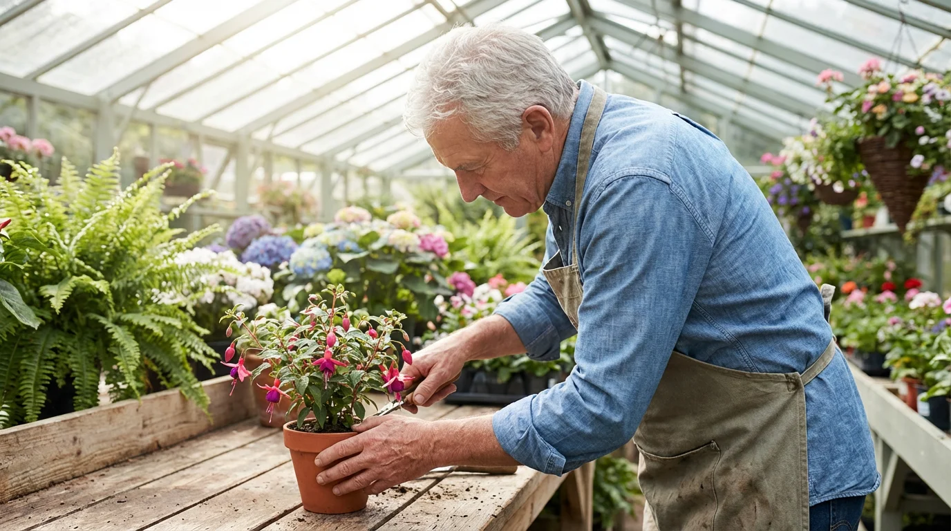 Senior man working with plants in a bright, modern garden center.