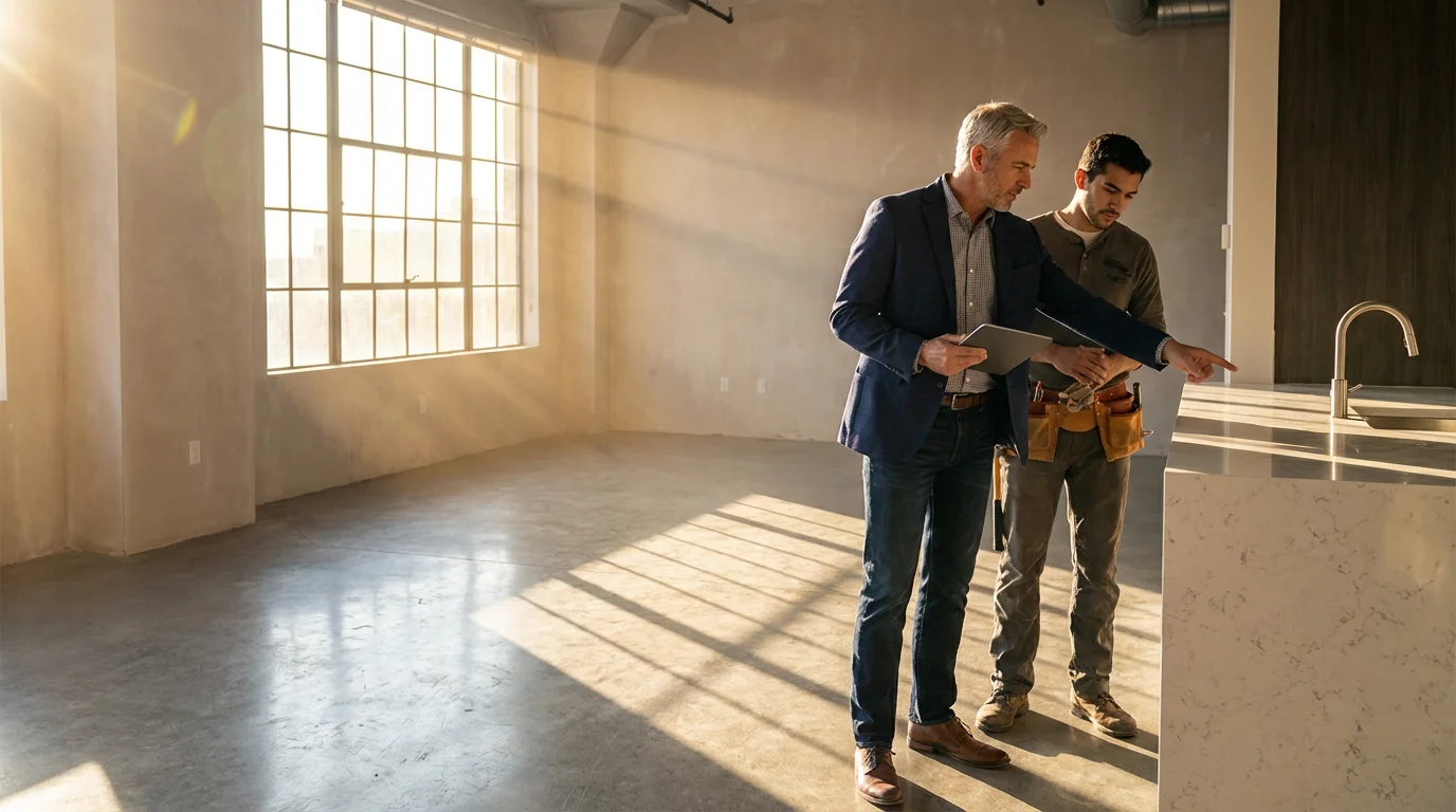 Senior property manager inspects a modern apartment with a maintenance worker in the afternoon.