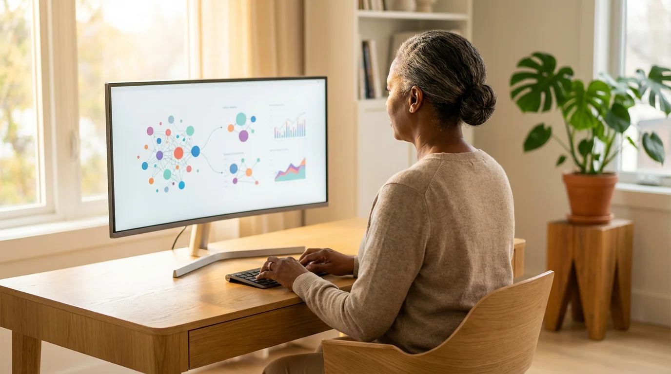 Senior woman at a desk in a sunny home office learning new software on a computer.