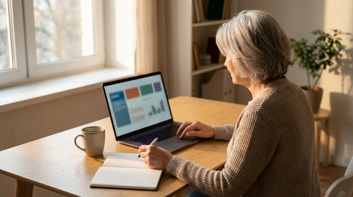 Senior woman at a desk, managing her online store on a laptop.