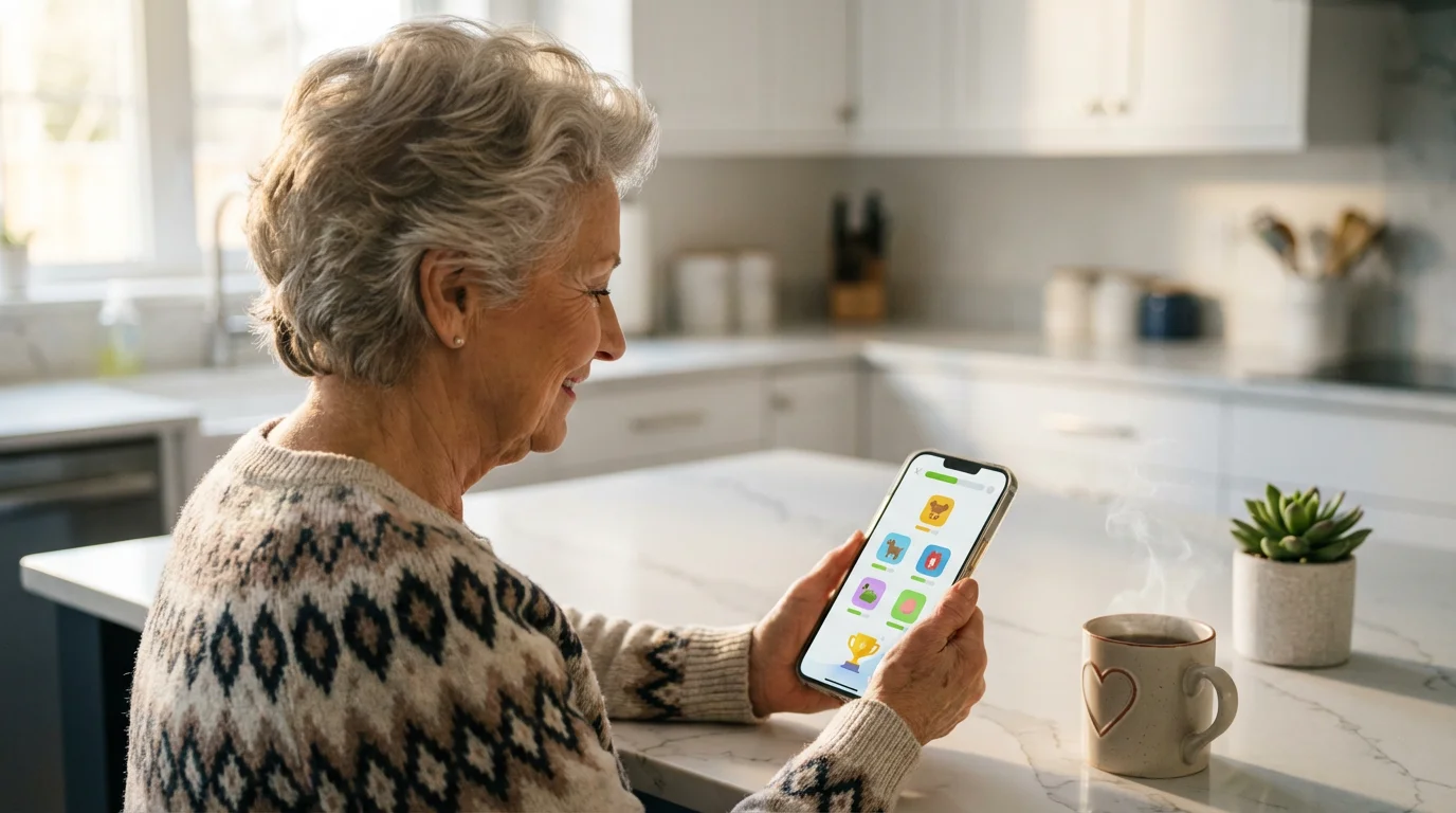Senior woman at a kitchen island using a language learning app on her smartphone.