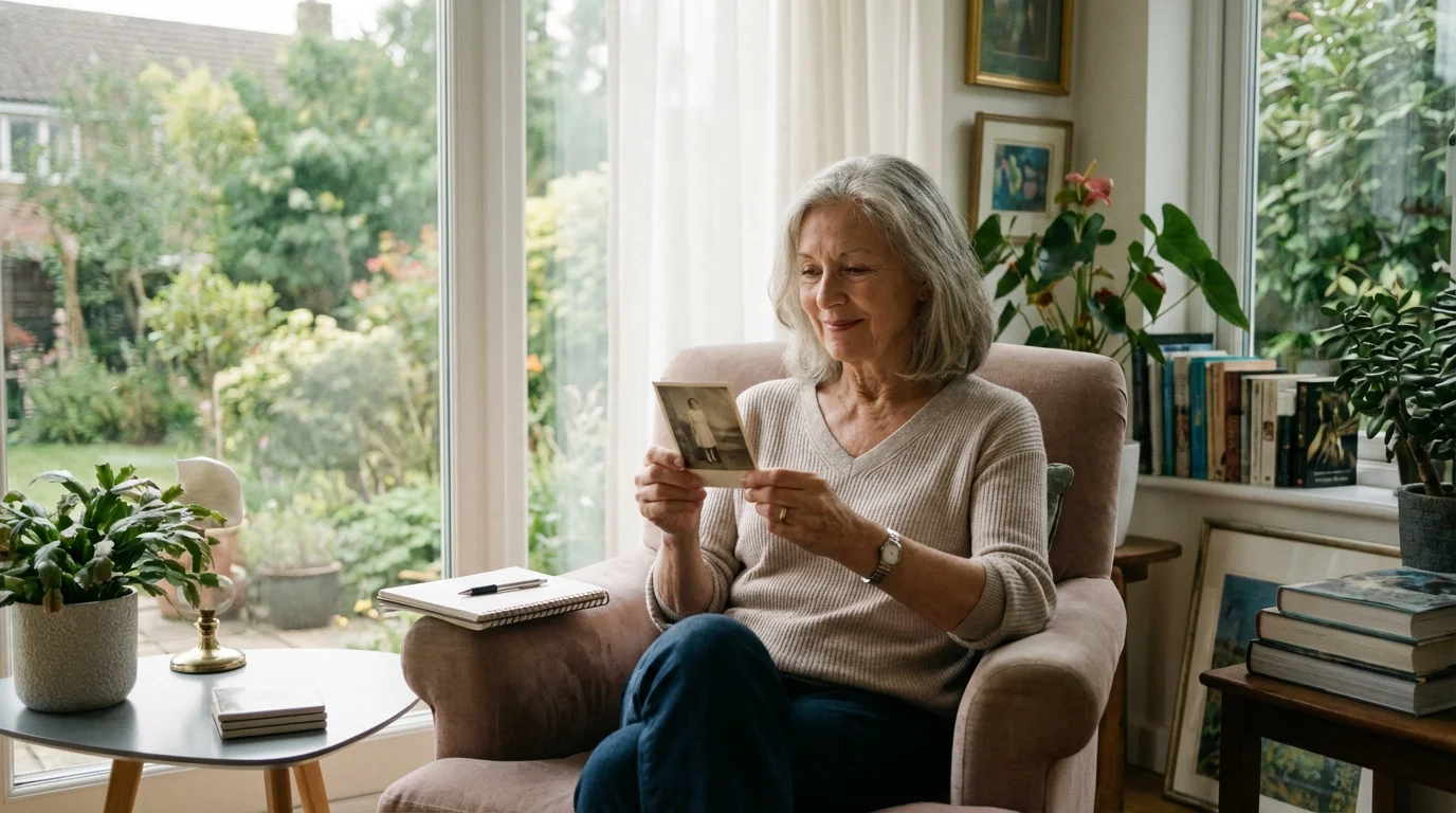 Senior woman in a sunroom, holding a photo, with a notebook ready for writing.