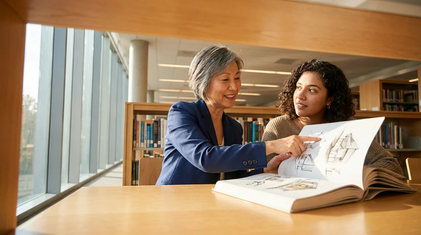 Senior woman mentoring a younger colleague over a book in a bright modern library.
