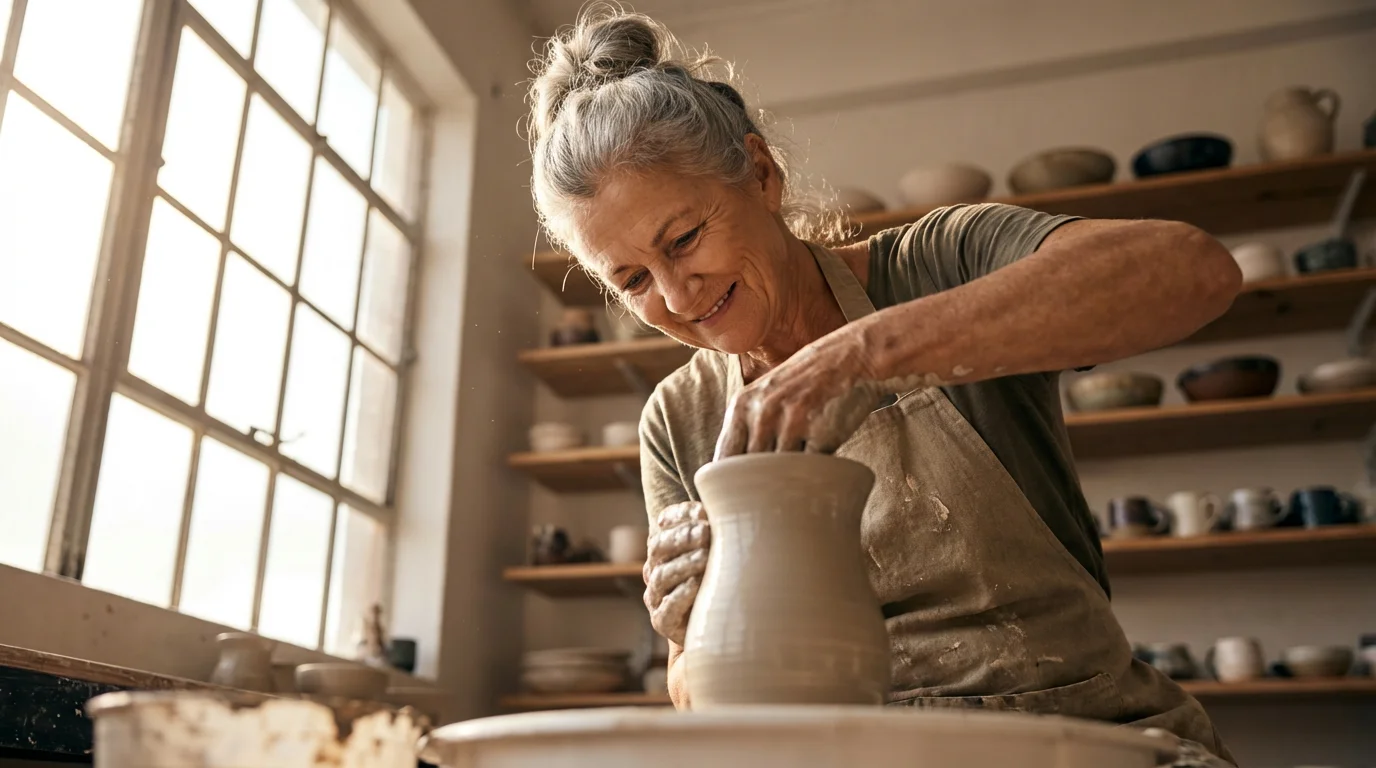 Senior woman shaping clay on a pottery wheel in a bright, sunlit art studio.