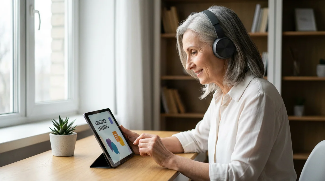 Senior woman smiling while learning a new language on a tablet in a sunlit room.