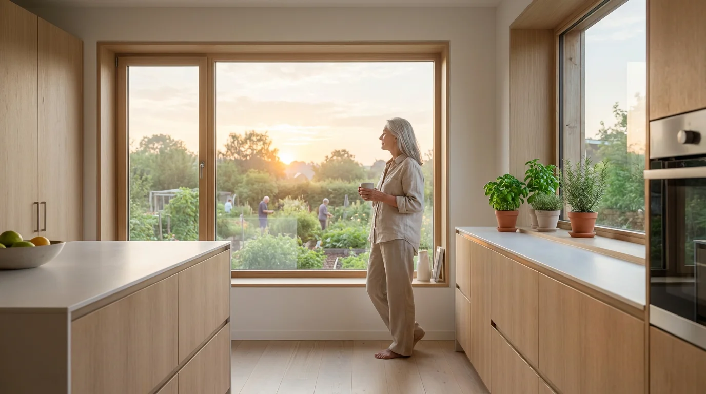 Senior woman thoughtfully looking out a sunlit kitchen window at sunrise with a mug.