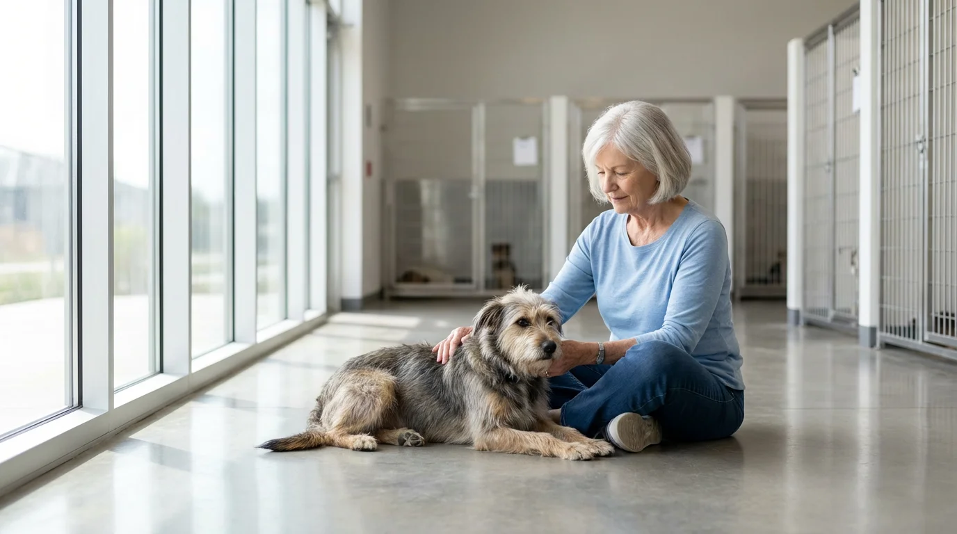 Senior woman volunteering, petting a rescue dog in a bright, modern animal shelter.