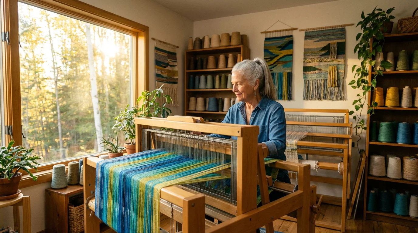 Senior woman weaving a colorful textile on a large wooden loom in a sunlit studio.