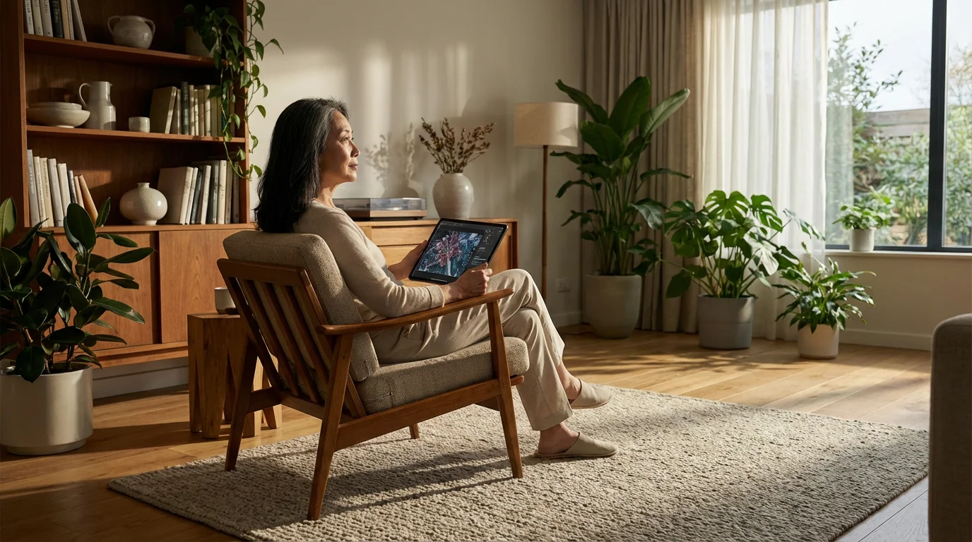 Senior woman with a tablet in a sunlit living room, reflecting on her digital hobby.