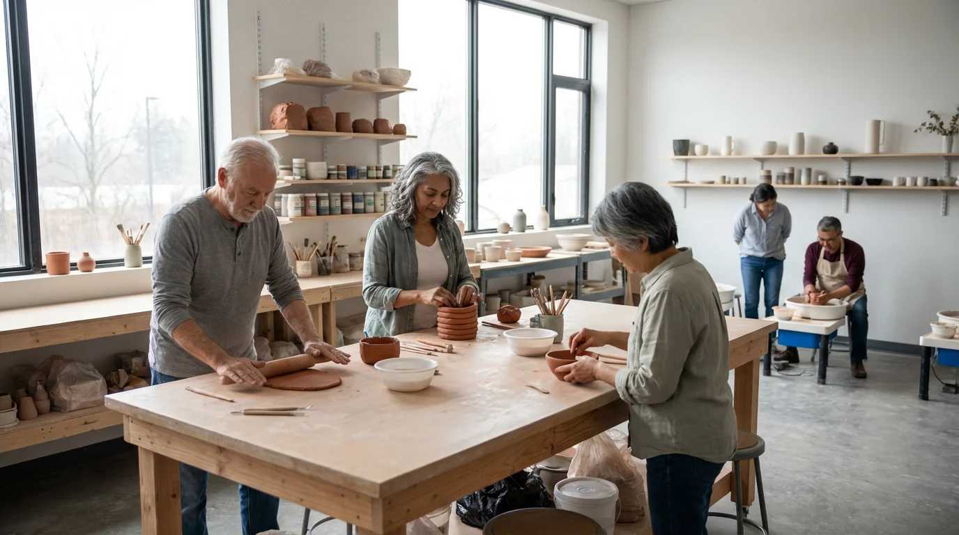 Seniors exploring hand-building techniques with clay in a bright, modern pottery workshop.