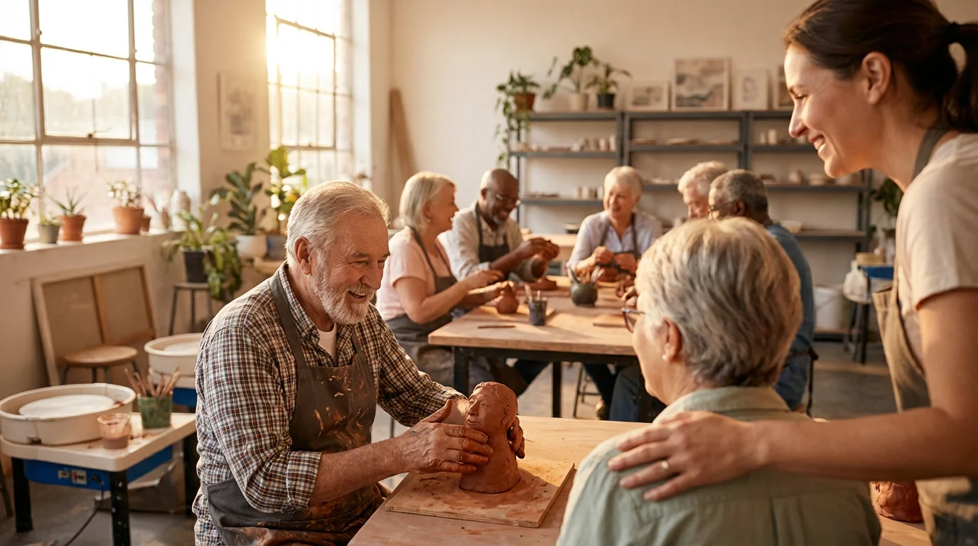Seniors smiling and sculpting with clay in a sunlit community art class.