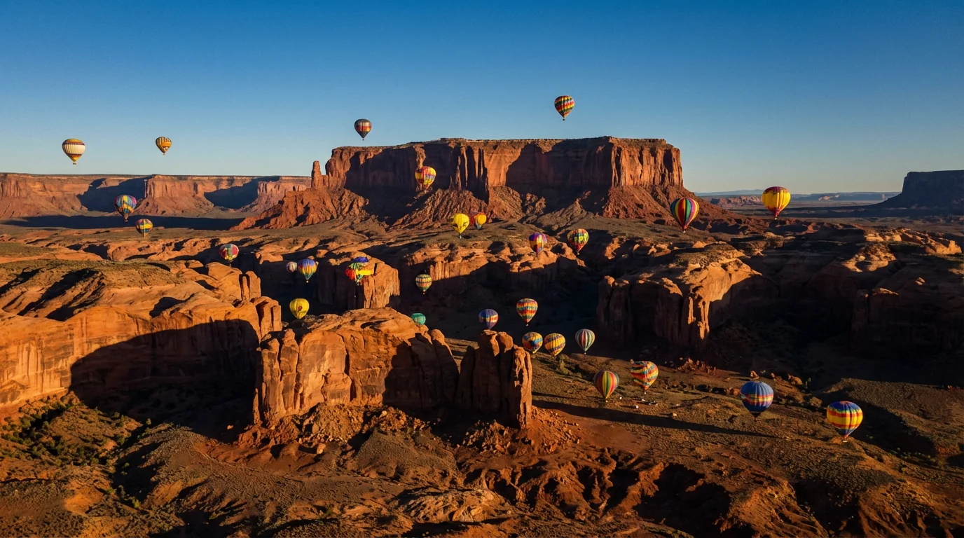 Several colorful hot air balloons floating over a dramatic desert canyon at moody afternoon.