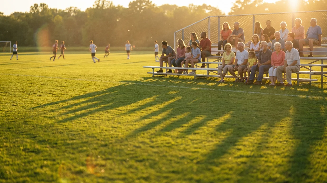 Spectators on bleachers watching a local community soccer game during a warm, golden sunset.