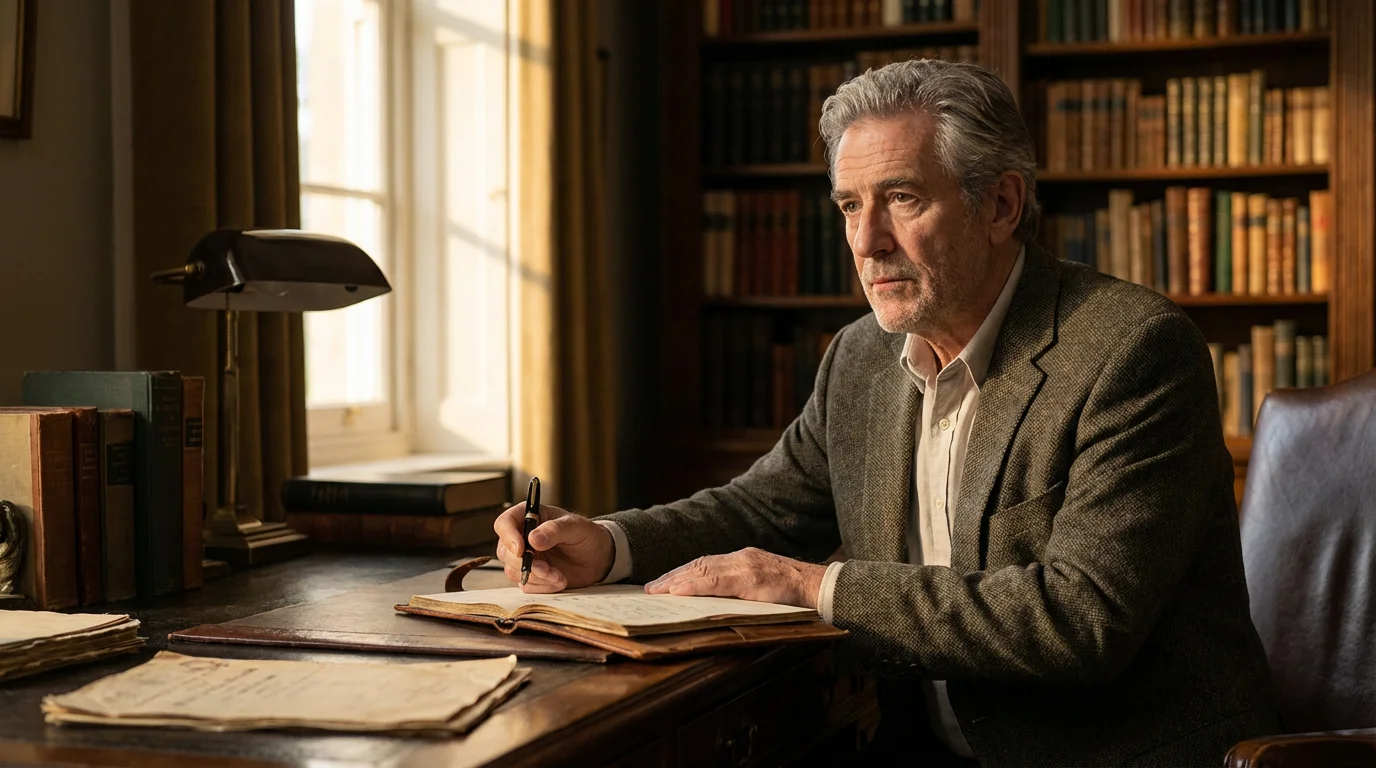Thoughtful older man pauses while writing in a leather journal at his sunlit desk.