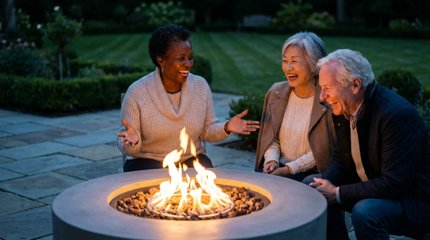 Three diverse senior friends laughing together around a fire pit on a patio at dusk.