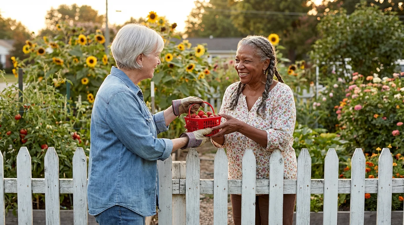Two friendly senior women sharing fresh strawberries over a backyard garden fence at sunset.