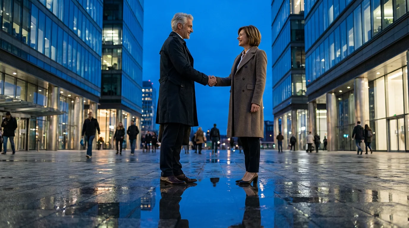 Two mature professionals shaking hands in a modern city plaza at dusk.