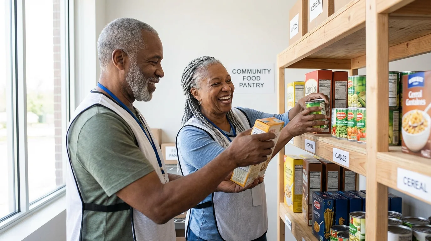 Two senior volunteers smiling while organizing food donations on shelves in a bright pantry.