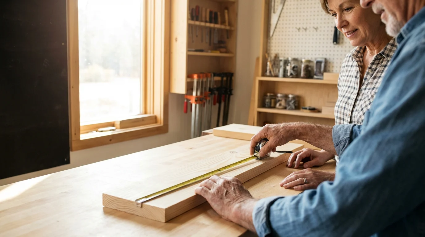 Two seniors collaborating over a workbench, learning to use a tape measure together.