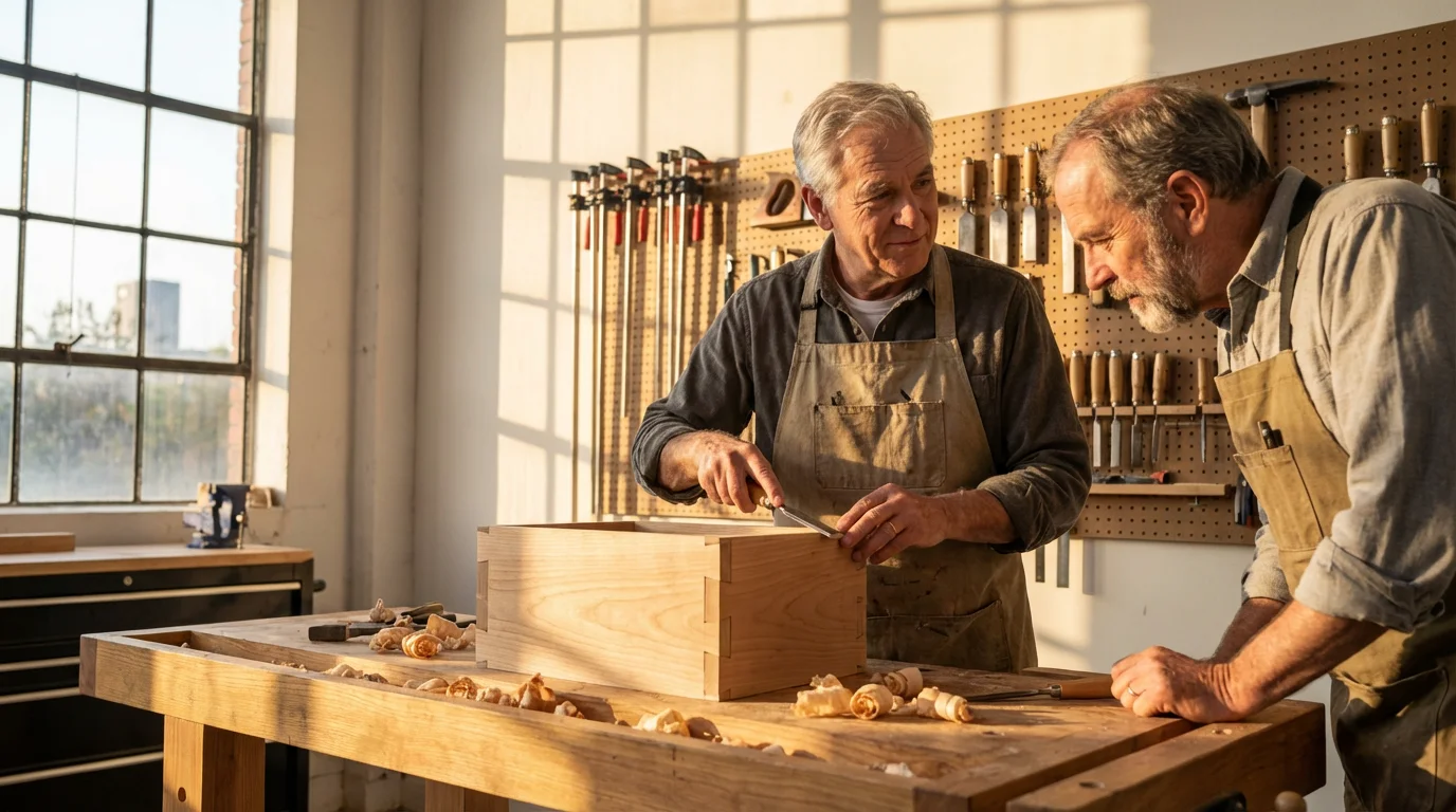 Two seniors in a woodworking workshop, one mentoring the other in the afternoon light.