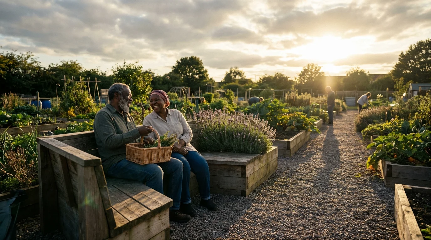 Two seniors laughing together on a bench in a community garden with raised beds.