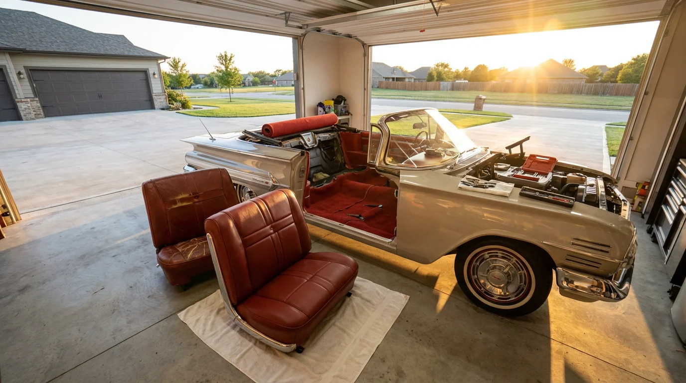 Wide shot of classic convertible interior restoration in a garage during warm golden hour light.
