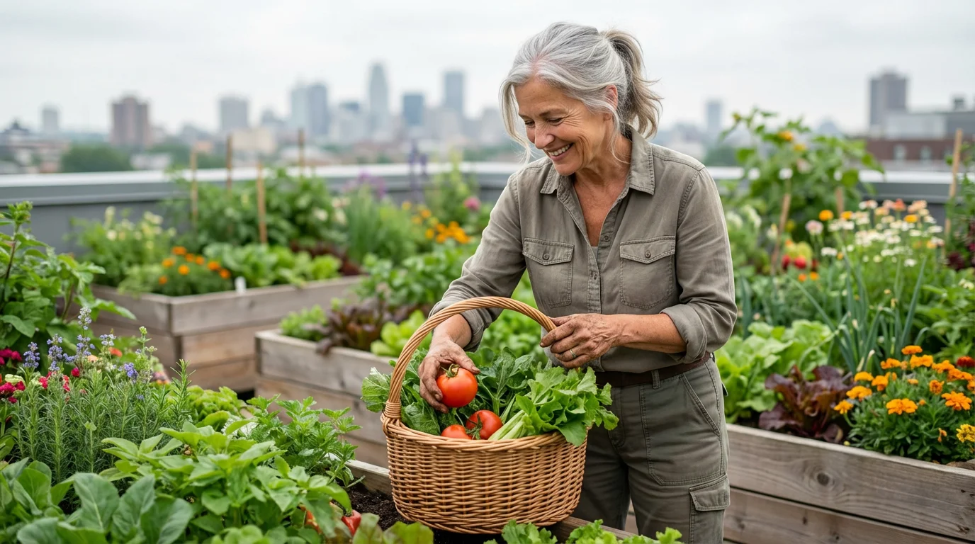 Woman in her 60s smiling in her thriving rooftop garden, harvesting fresh vegetables.