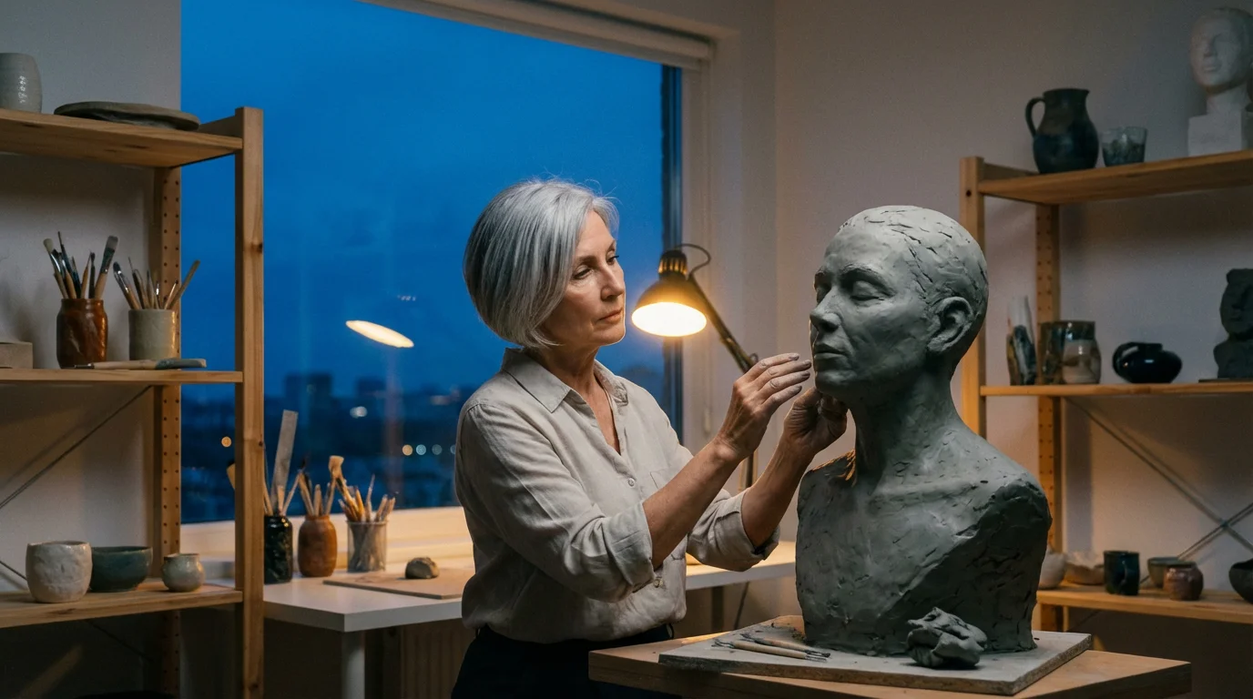 Woman sculpting a clay bust in her modern home art studio at twilight.