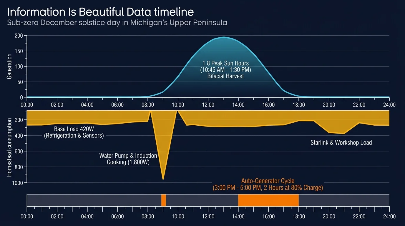 Line graphs tracking solar generation, homestead consumption, and an auto-generator cycle over a 24-hour timeline.
