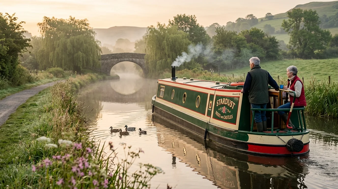 A couple stands at the stern of a green narrowboat cruising down a misty canal toward a stone arched bridge.