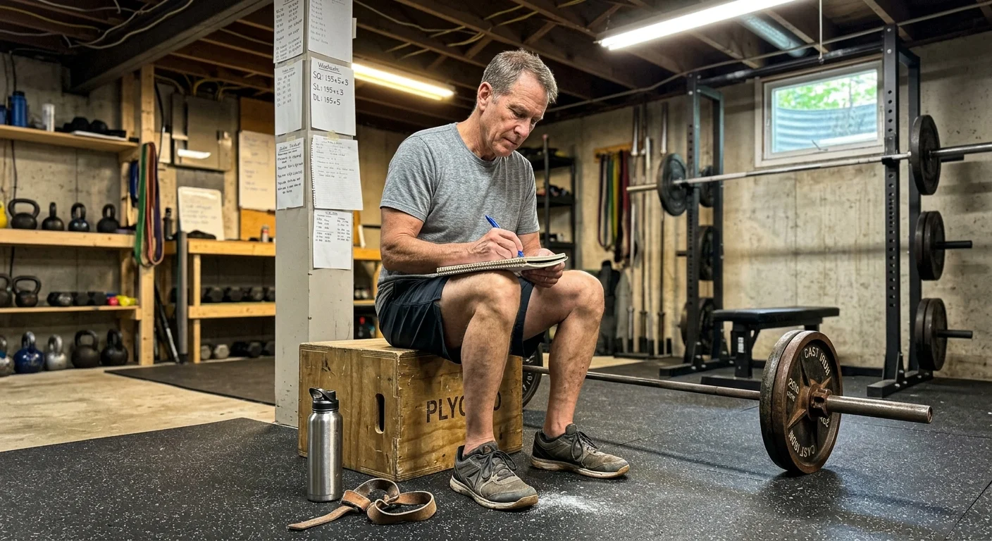 A man sits on a wooden plyo box in a home gym, writing in a notepad beside a loaded barbell.