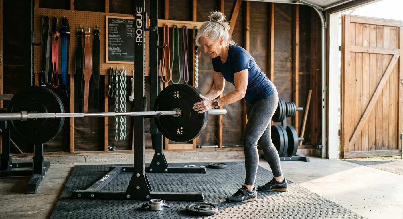 A senior woman loads a black bumper plate onto a barbell set on a squat rack in a garage gym.