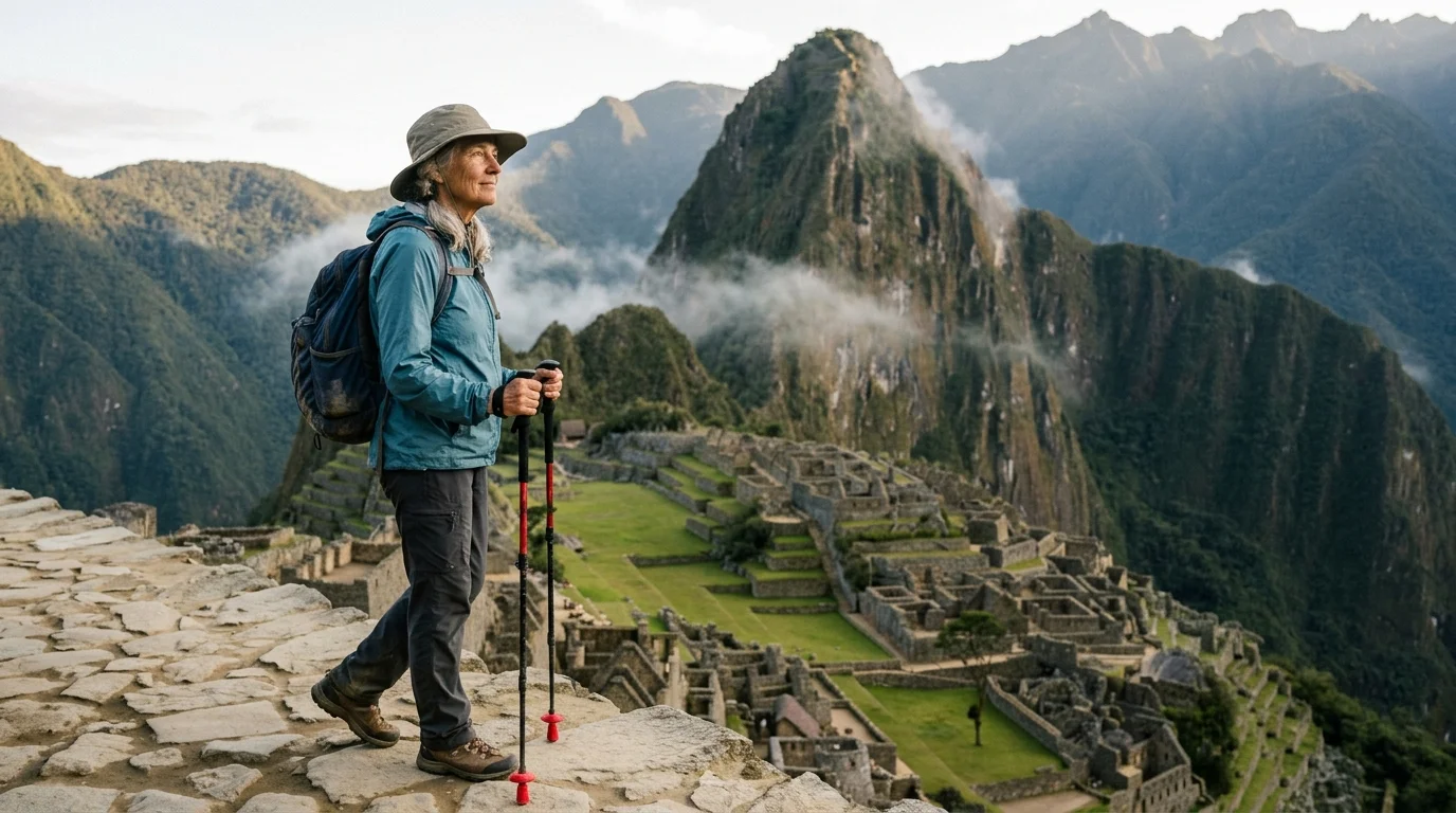 Older woman with trekking poles and backpack walking along a stone terrace overlooking the ruins of Machu Picchu.
