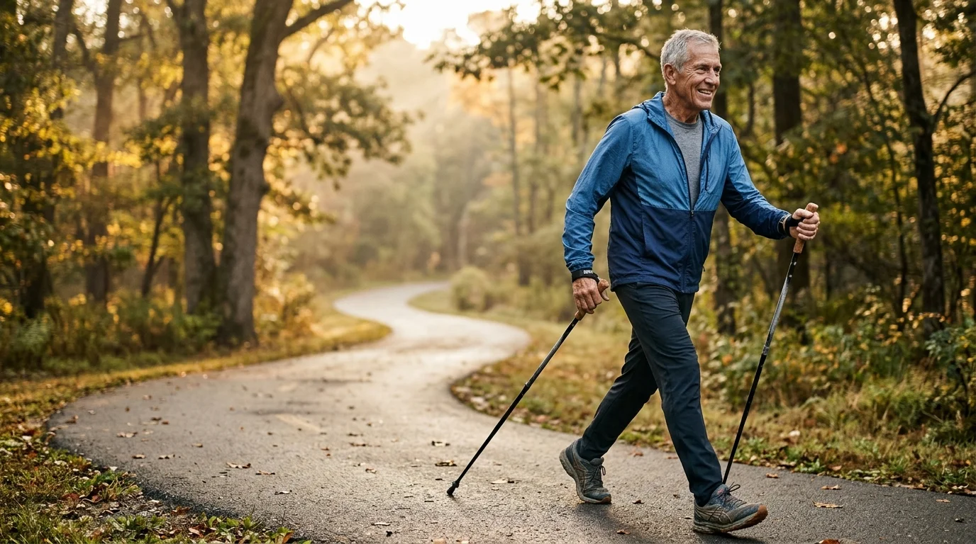 Smiling older man walking with trekking poles along a winding paved path through a sunlit forest.
