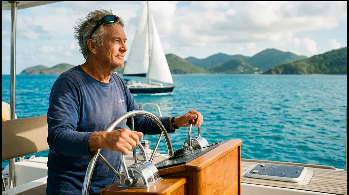 Older man at the helm of a yacht on turquoise water, with a sailboat and green islands in the background.