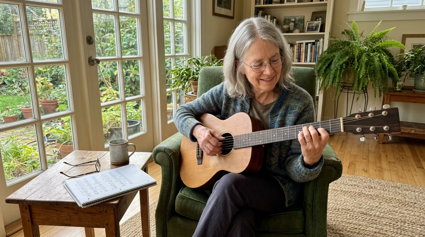 An older woman with glasses sits in an armchair playing a small acoustic guitar beside sheet music and a garden window.