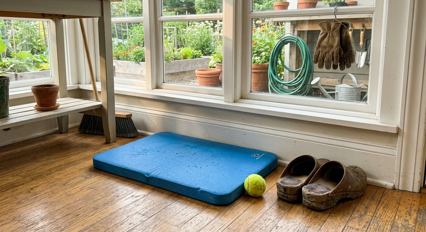 Blue foam balance pad, yellow tennis ball, and gardening clogs on a hardwood floor next to a sunny window.