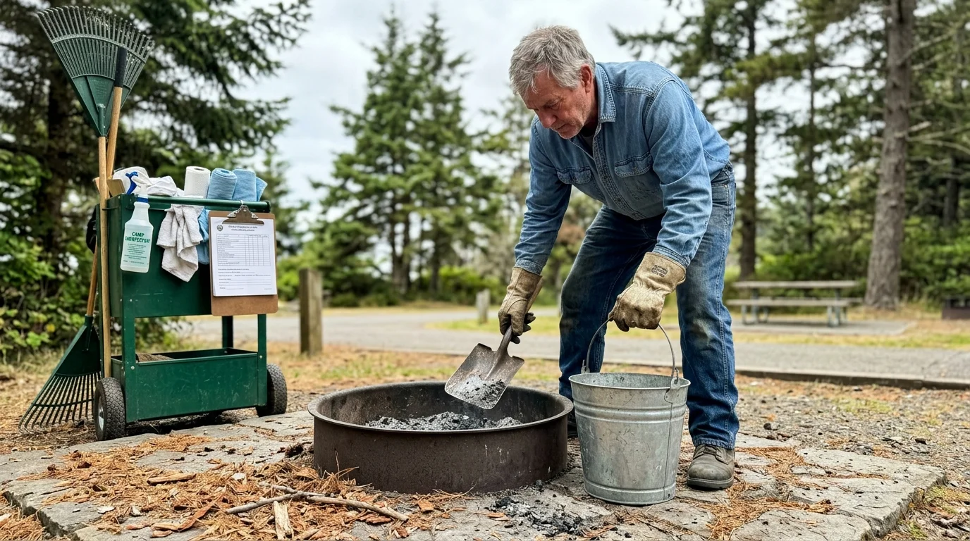 A man wearing work gloves shovels ash from a metal campfire ring into a galvanized bucket at an outdoor campsite.