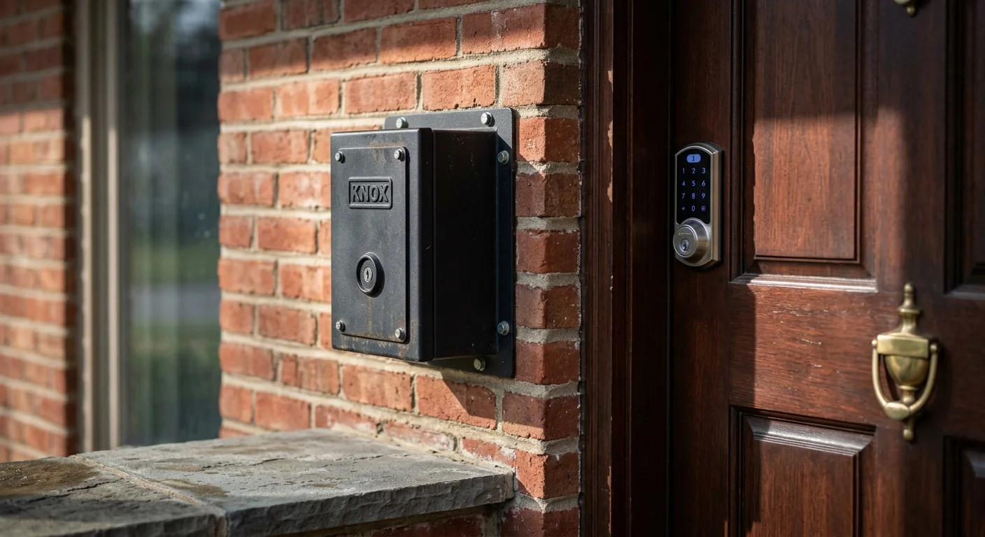 A black Knox lockbox mounted on an exterior brick wall beside a wooden front door with an electronic keypad lock.