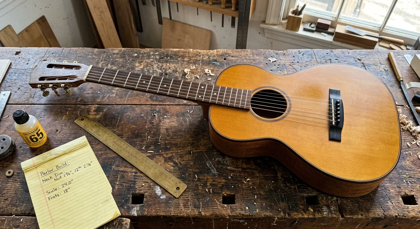 Acoustic parlor guitar resting on a rustic wooden workbench beside a brass ruler, bottle of polish, and handwritten notepad.