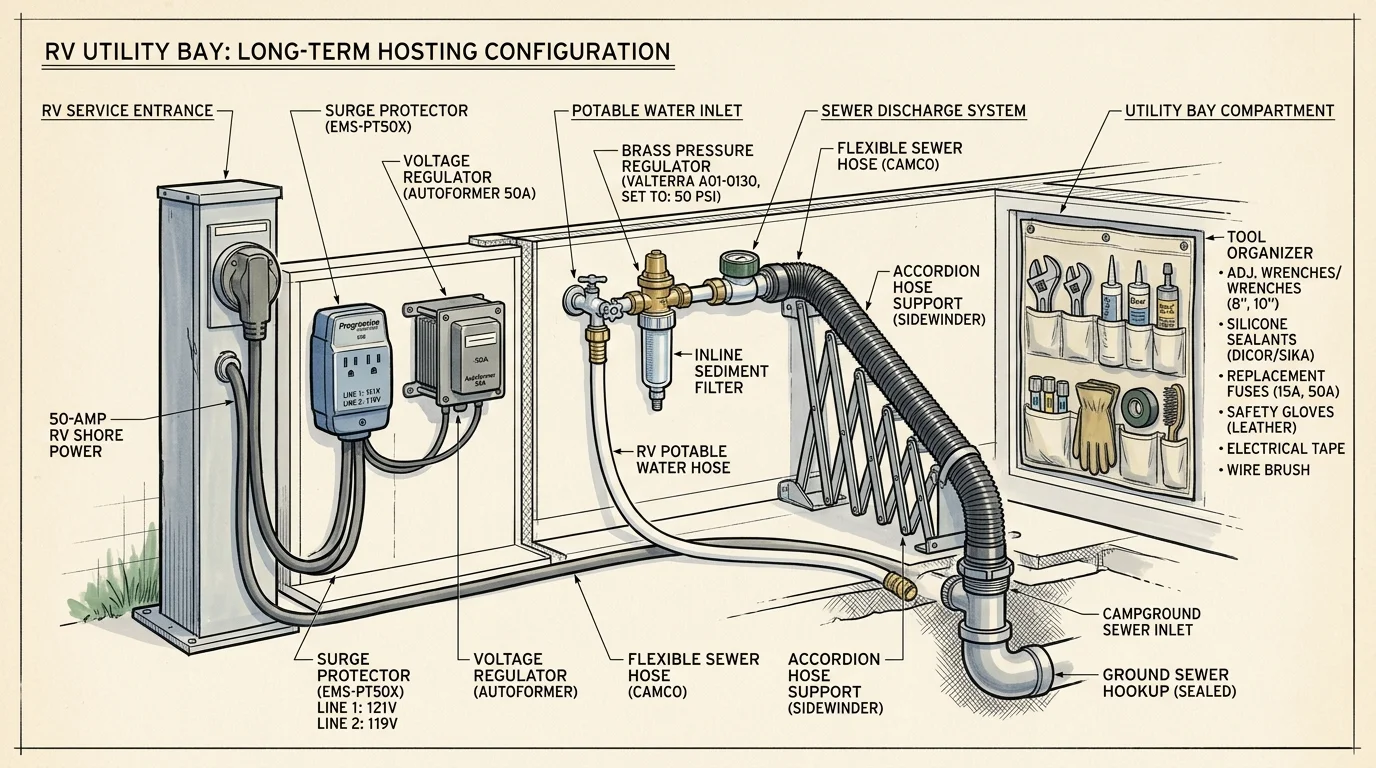 Diagram of an RV utility bay setup with labeled electrical, water, sewer hookups, and a wall-mounted tool organizer.